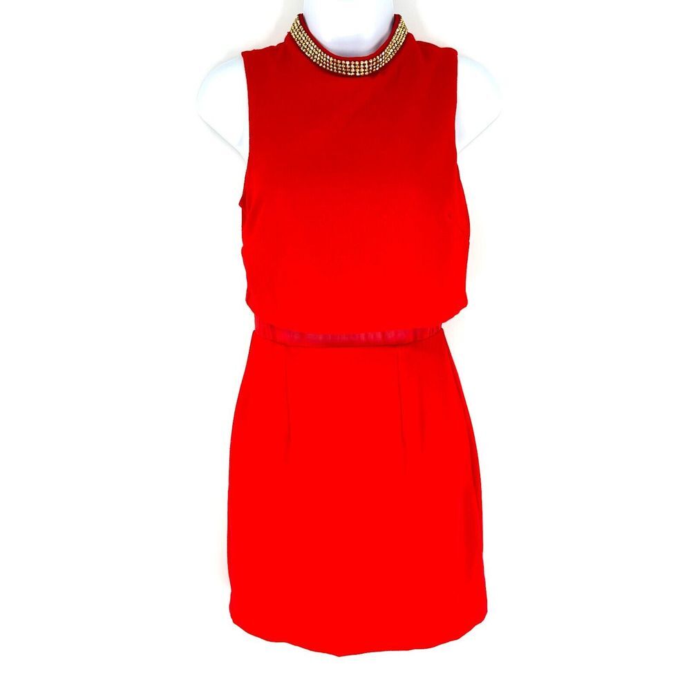 ASOS Red Sleeveless Cocktail Mini Dress Size 2 Gold Beaded Mock Neck Cutout